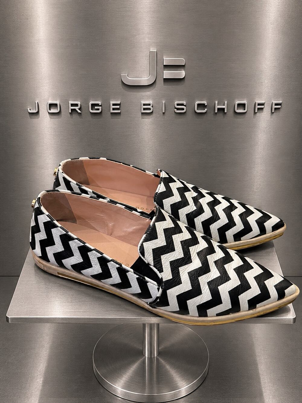 Jorge Bischoff Chevron Leather Flats Black White Brazil 35 Fits US 6